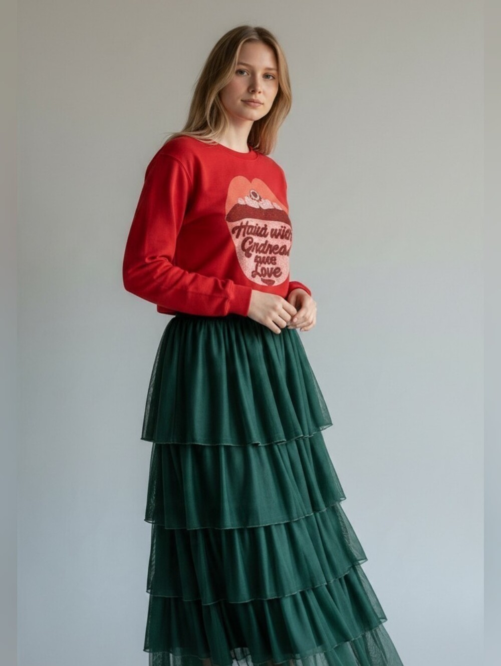 Vada Winter Evergreen Ophelia Tulle Mesh Ruffle Tiered Maxi Skirt XL Dark Boho